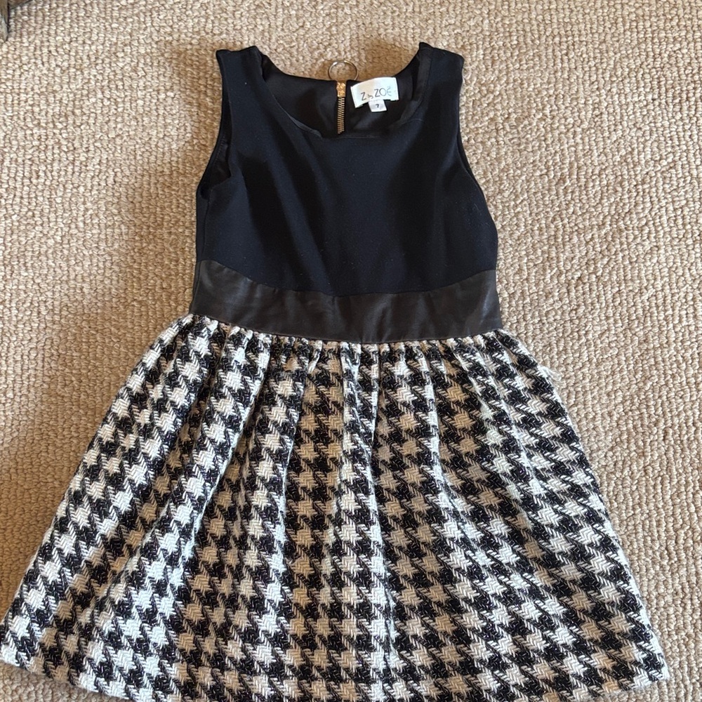 Z by Zoe Black and White Houndstooth Kids Dress with faux Leather Waist